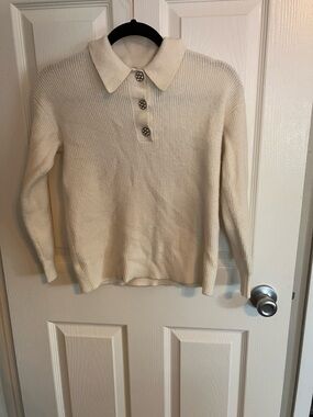 LOFT Petites Cream Ribbed Collar Knit Top with Button Placket